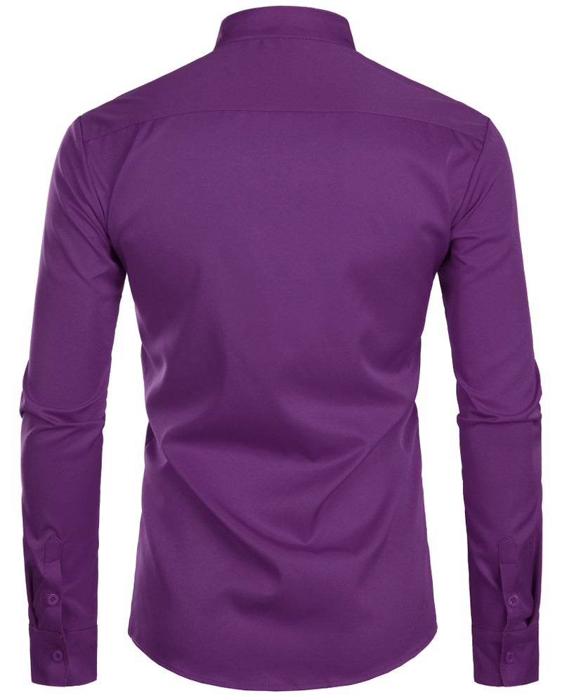 ZEROYAA Men's Banded Collar Slim Fit Long Sleeve Casual Button Down Dress Shirts with Pocket ZLCL09 Purple Medium - Image 2
